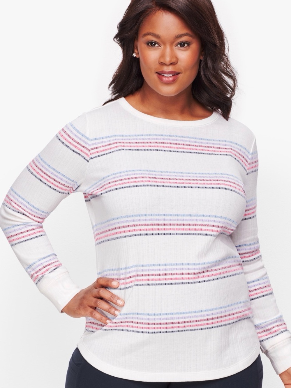 T by Talbots Multi Stripe Long Sleeve Tee XL White